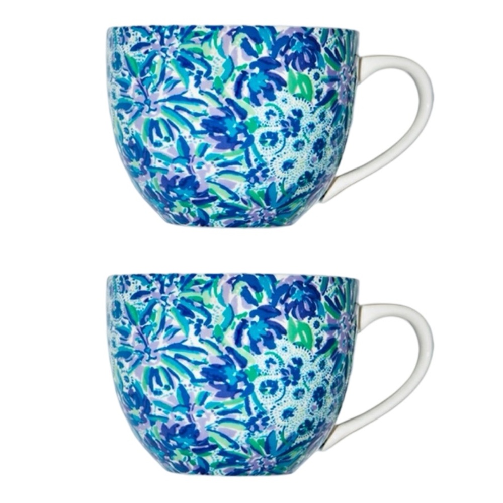 Set of 2 Lilly Pulitzer Mug Cup 12 Oz Floral Blue Gold Handle Hidden Lion - Picture 5 of 11